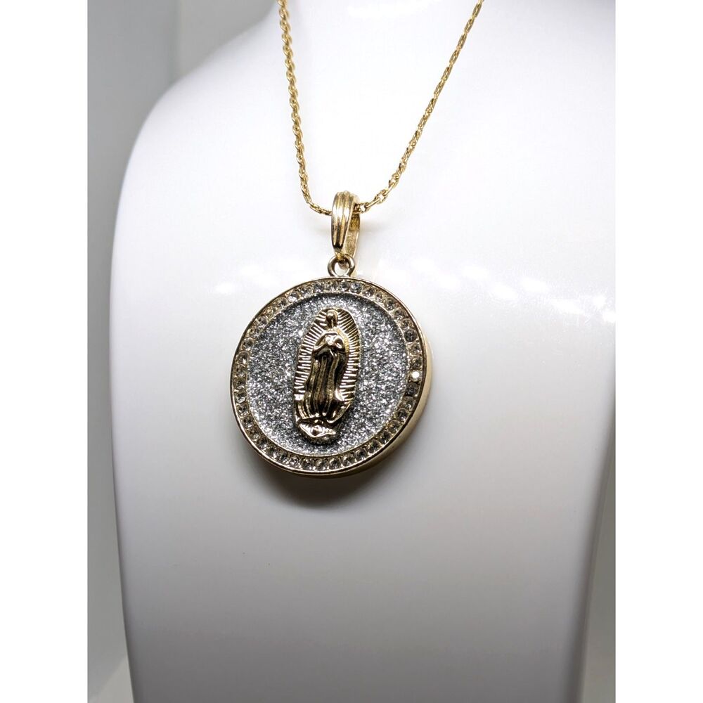 Gold Stainless Steel Virgen of De Guadalupe with sparkle Glitter 19 in. Necklace